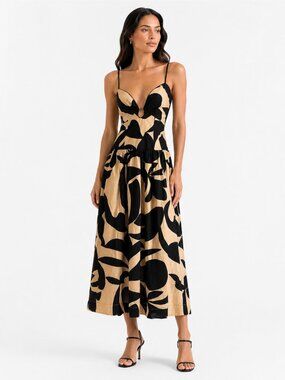 NWT MON RENN SURREAL BLACK YELLOW KEYHOLE SPAGHETTI STRAPS MIDI DRESS - XS